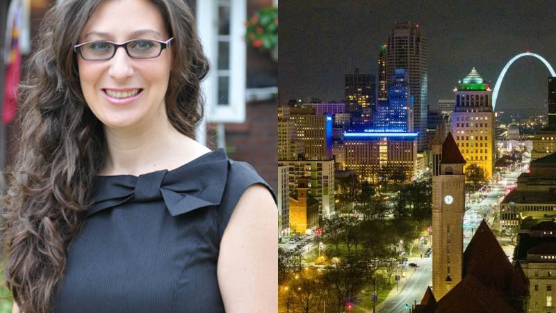 A split image of a smiling woman with glasses and a bow-tied top next to a nighttime St. Louis cityscape featuring the Gateway Arch.