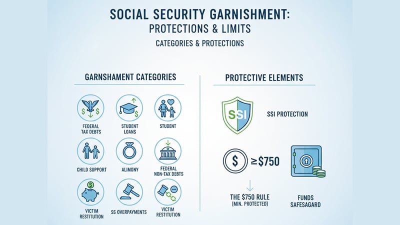Infographic showing categories of Social Security garnishment and protective measures like SSI protection and the $750 rule.