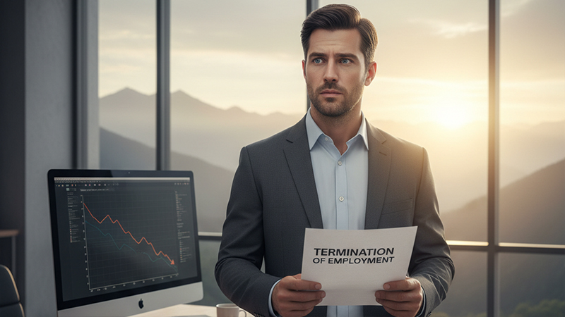 A worker in a professional office setting holding a firing letter, symbolizing the challenges and opportunities of starting a business.