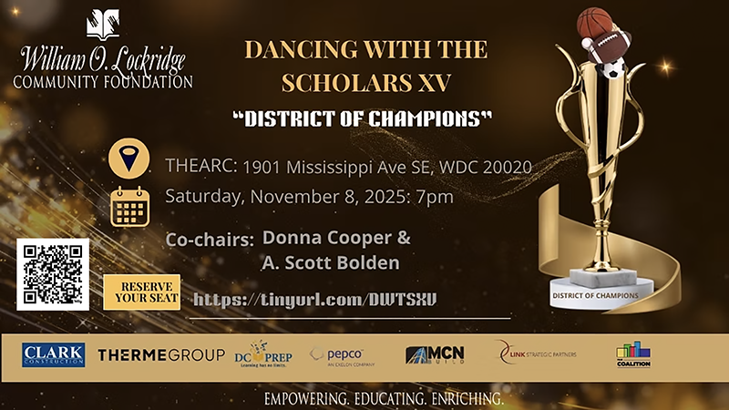 Promotional image for Dancing with the Scholars XV, featuring event details, a gold trophy, and sponsor logos, celebrating education and community.