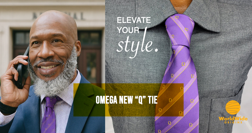 A close-up of the Omega New Q Tie featuring a purple base, gold Omega symbols, and light purple stripes, symbolizing fraternity pride and elegance.