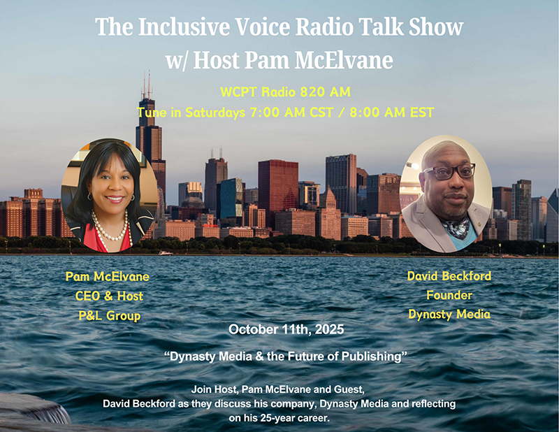 Promotional poster for The Inclusive Voice Radio Talk Show featuring host Pam McElvane and guest David Beckford, set against a city skyline background."