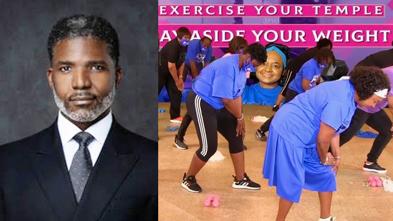 A group of women exercising in a church fitness class, promoting health and wellness, alongside a portrait of Bishop Lawrence M. Wooten.