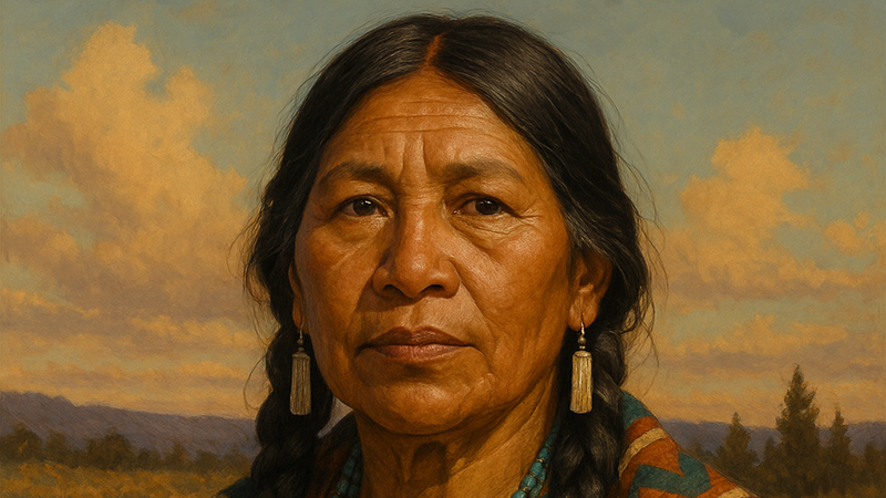 A serene portrait of an Indigenous woman wearing traditional attire, set against a natural landscape with warm-toned clouds and distant hills.