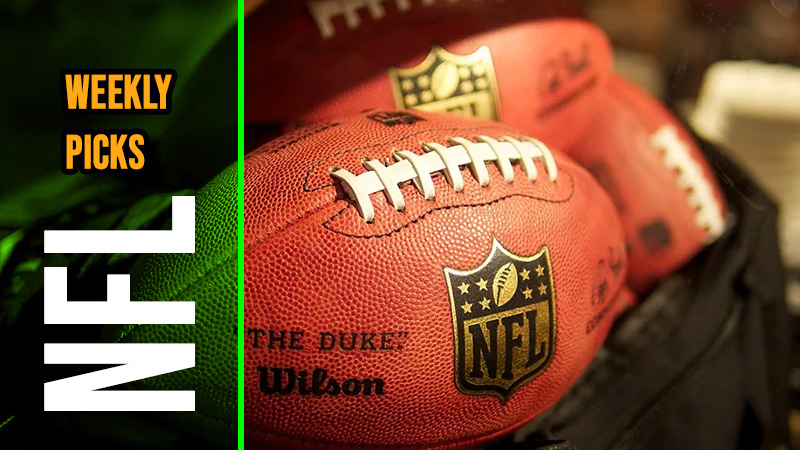 Graphic featuring the text 'Weekly Picks' and 'NFL' on a green background, alongside close-up images of official NFL footballs with 'The Duke' and 'Wilson' branding.