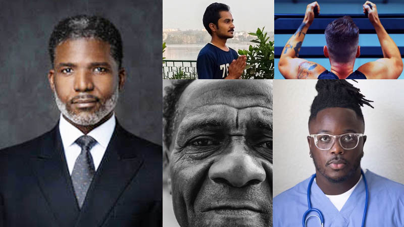 A collage of diverse men showcasing different aspects of health, including fitness, mental wellness, and professional attire.