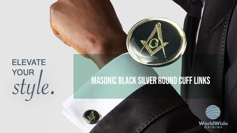 Close-up of Masonic Black Silver Round Cuff Links featuring a polished black center with a gold Masonic emblem, symbolizing tradition and elegance.