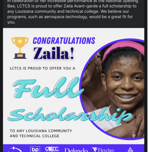 College scholarships offers rolling in for the 14-year-old La. spelling bee champion Zalia Avant-garde