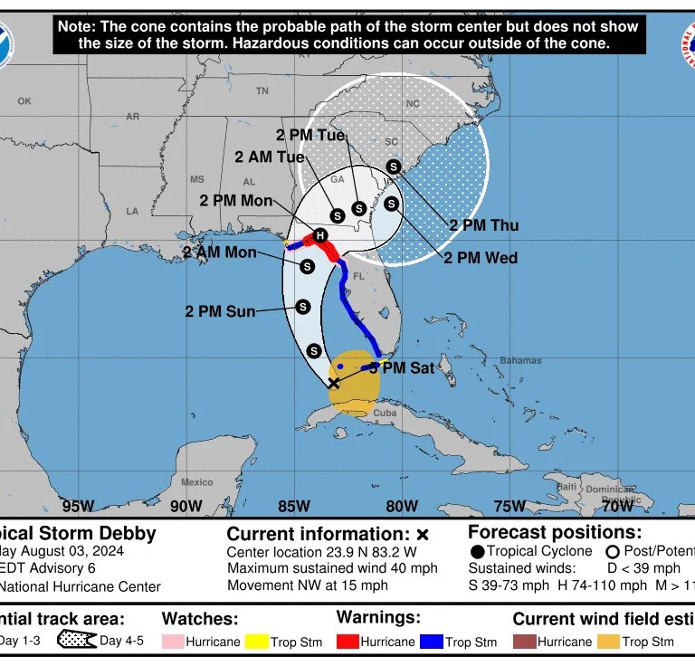 Debby strengthens to Category 1 hurricane, moves closer to Florida’s Big Bend: Updates