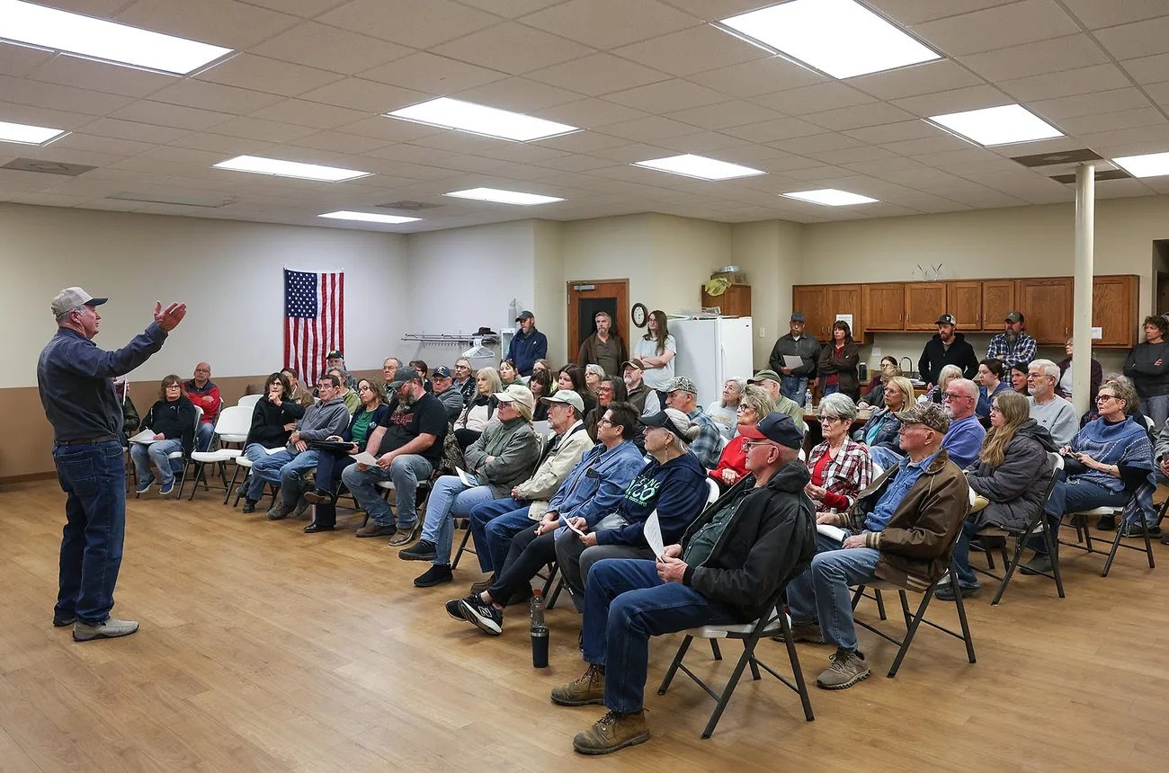 People gather for a public meeting on Tuesday, Feb.17, 2026, at the Montgomery City Public Library in Montgomery County, Missouri. They came to learn about a lawsuit filed by Preserve Montgomery County. (Le Chen)