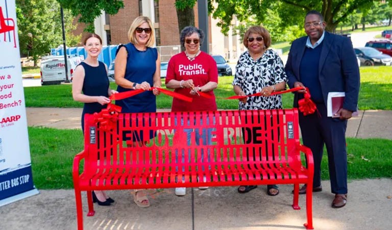 Citizens for Modern Transit, AARP, and Partners Unveil 12th Bus Bench in UMSL Placemaking Program