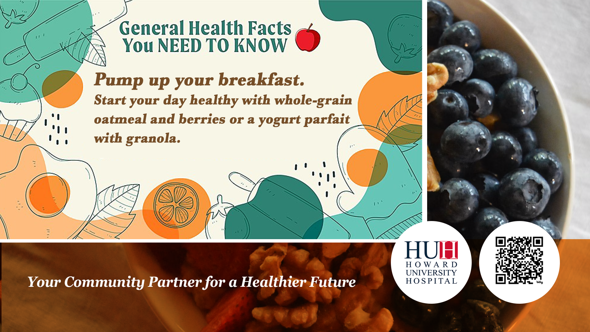 Bowl of whole-grain oatmeal and blueberries next to a Howard University Hospital community health graphic.