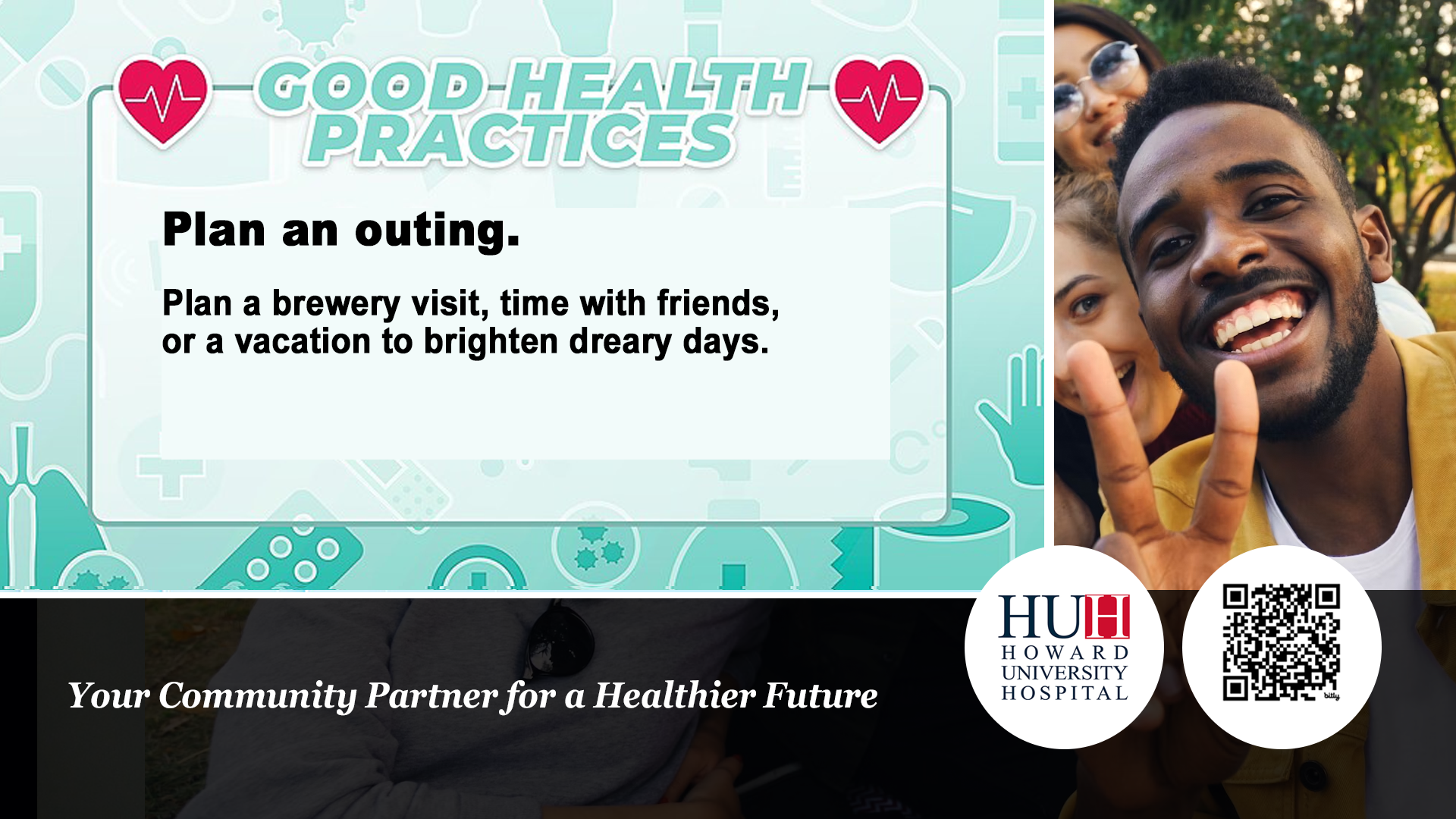 Smiling friends taking a selfie outdoors next to a good health practices tip to plan social outings.