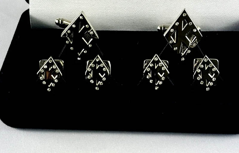 Kappa Alpha Psi silver floating K formal cufflink and stud set with stone embellishments.