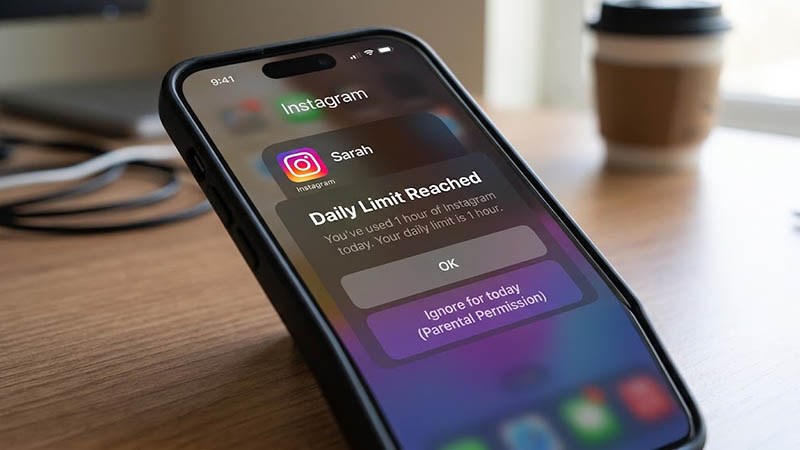 Smartphone screen showing an Instagram daily usage limit lockout notification for teen accounts.