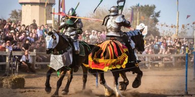 Costumed performers and festival-goers exploring the 16th-century village during the Minnesota Renaissance Festival in Shakopee.