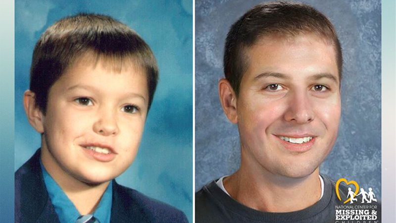 Side-by-side photo of 10-year-old George Burdynski Jr. alongside an age-progressed image estimating his appearance as an adult.