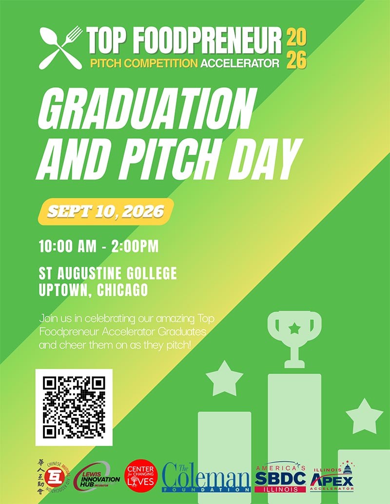 Official promotional flyer for the Top Foodpreneur Pitch Competition Accelerator Graduation and Pitch Day on September 10, 2026.