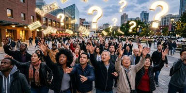 Diverse group of everyday Americans looking upward and reaching for floating currency beneath glowing question marks, asking can communities of color still make it to the American Dream.