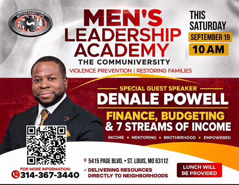 Promotional flyer for Better Family Life Men's Leadership Academy featuring keynote speaker Denale Powell on September 19.