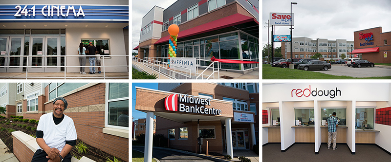 Street view along Page Avenue showcasing community amenities including Carter Commons and Affinia Healthcare near 24:1 Cinema.