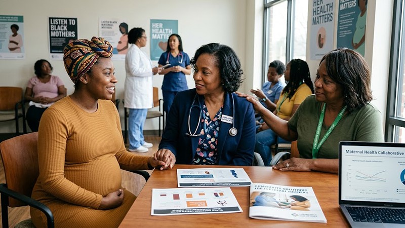 Black pregnant woman attending a maternal healthcare consultation at an academic medical center.