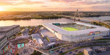 Aerial shot of CPKC Stadium highlighting the Kansas City stadium expansion project along the riverfront.