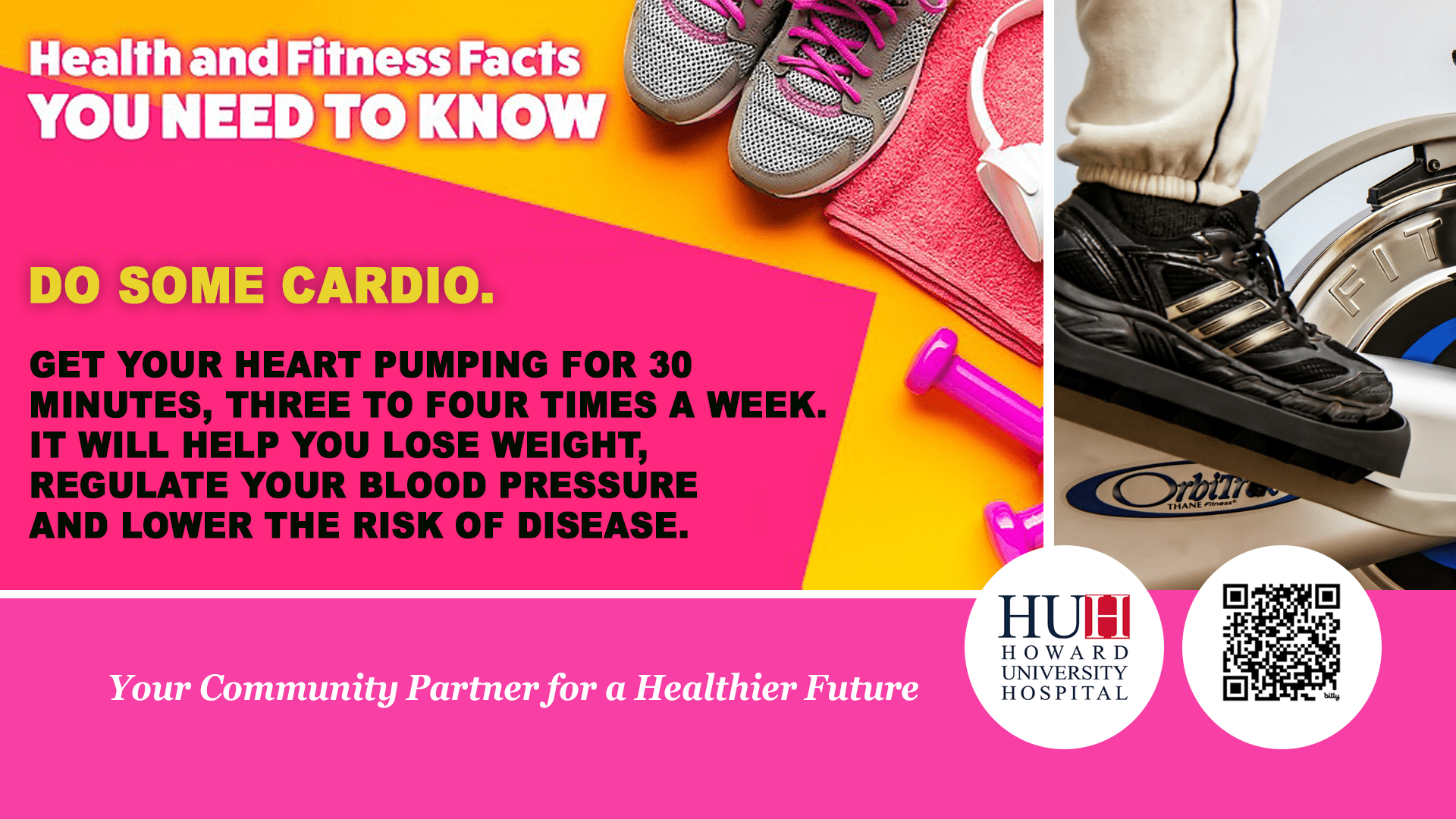 Fitness infographic encouraging thirty minutes of cardio exercise three to four times a week.