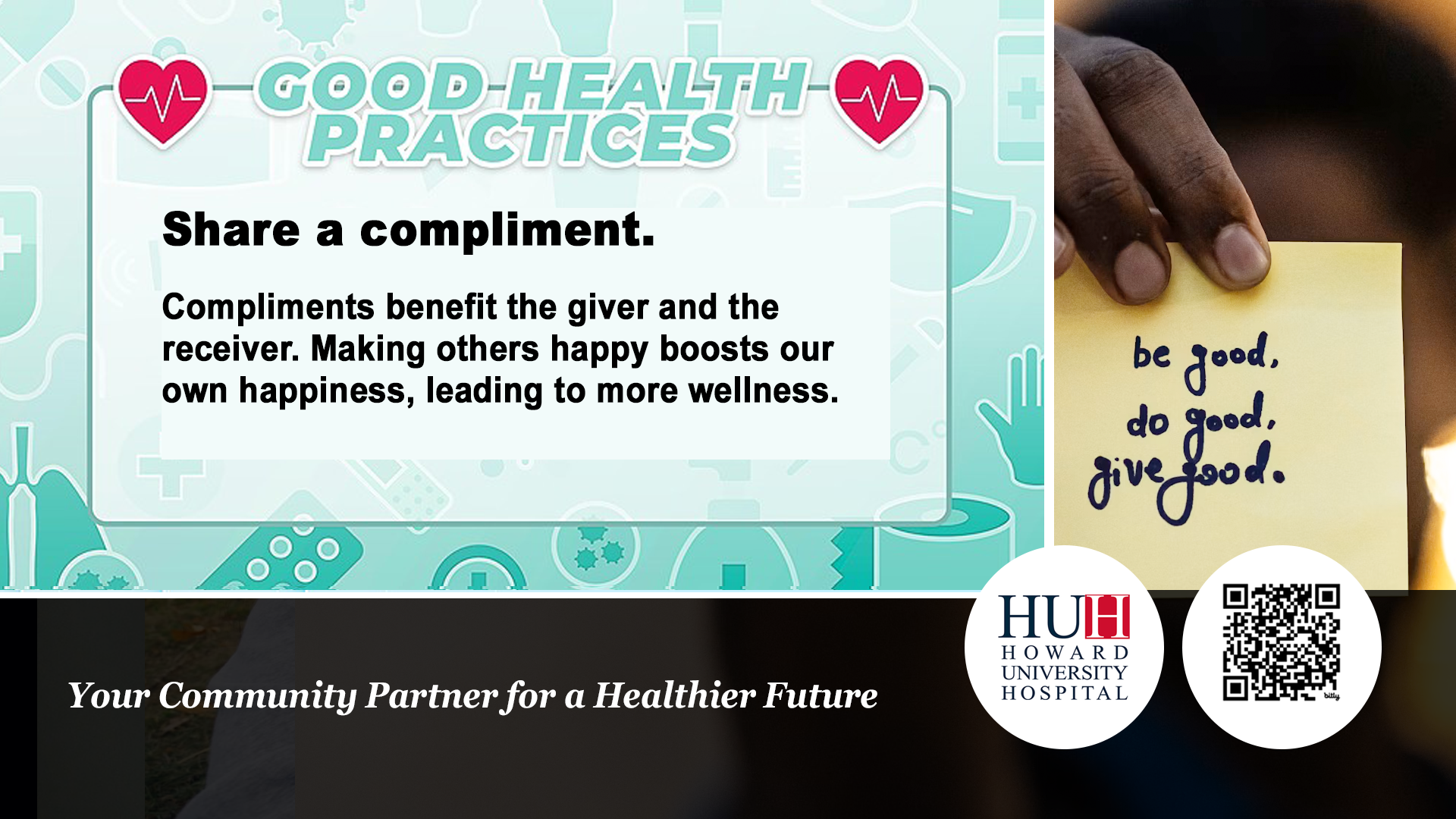 Hand holding a yellow sticky note that reads be good, do good, give good, next to a DiSC Health tip about giving compliments.