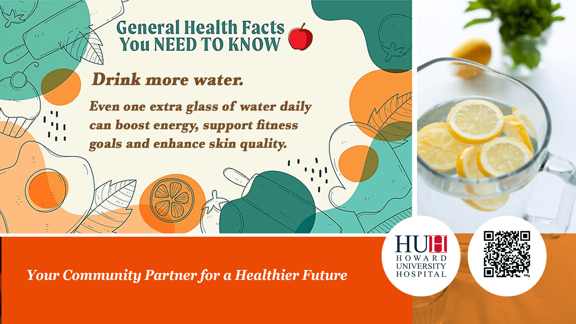 DiSC Health graphic highlighting general health facts to drink more water, alongside a glass pitcher with lemon slices and the Howard University Hospital logo.