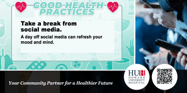 DiSC Health graphic on good health practices advising readers to take a break from social media, shown next to people holding mobile phones.