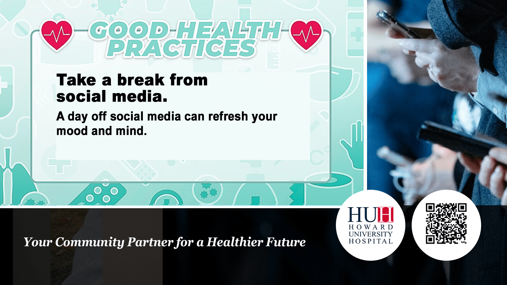 DiSC Health graphic on good health practices advising readers to take a break from social media, shown next to people holding mobile phones.