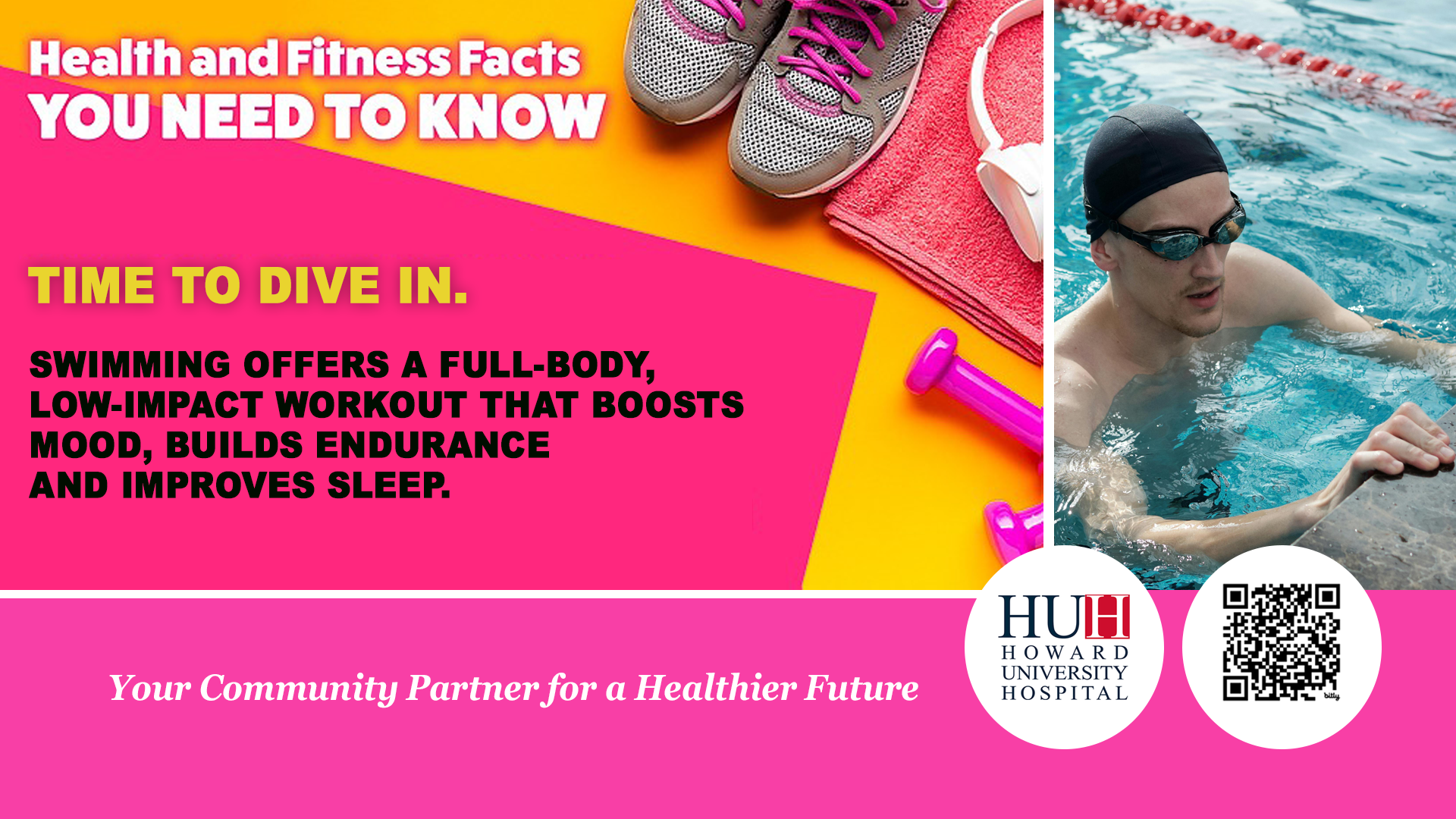 DiSC Health and Fitness graphic titled Time to Dive In, with text explaining the benefits of swimming next to an image of a swimmer in a pool.