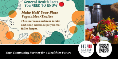 Graphic displaying health facts about making half your plate vegetables and fruits with a salad image