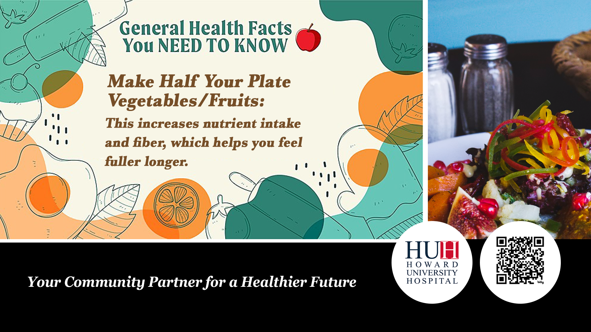 Graphic displaying health facts about making half your plate vegetables and fruits with a salad image
