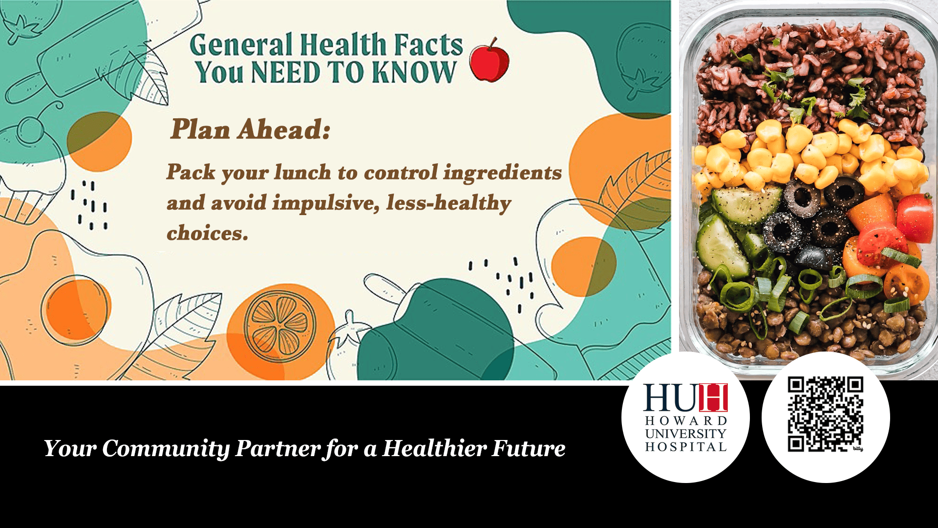 Glass meal prep container filled with grains, beans, and fresh vegetables alongside healthy lunch advice.