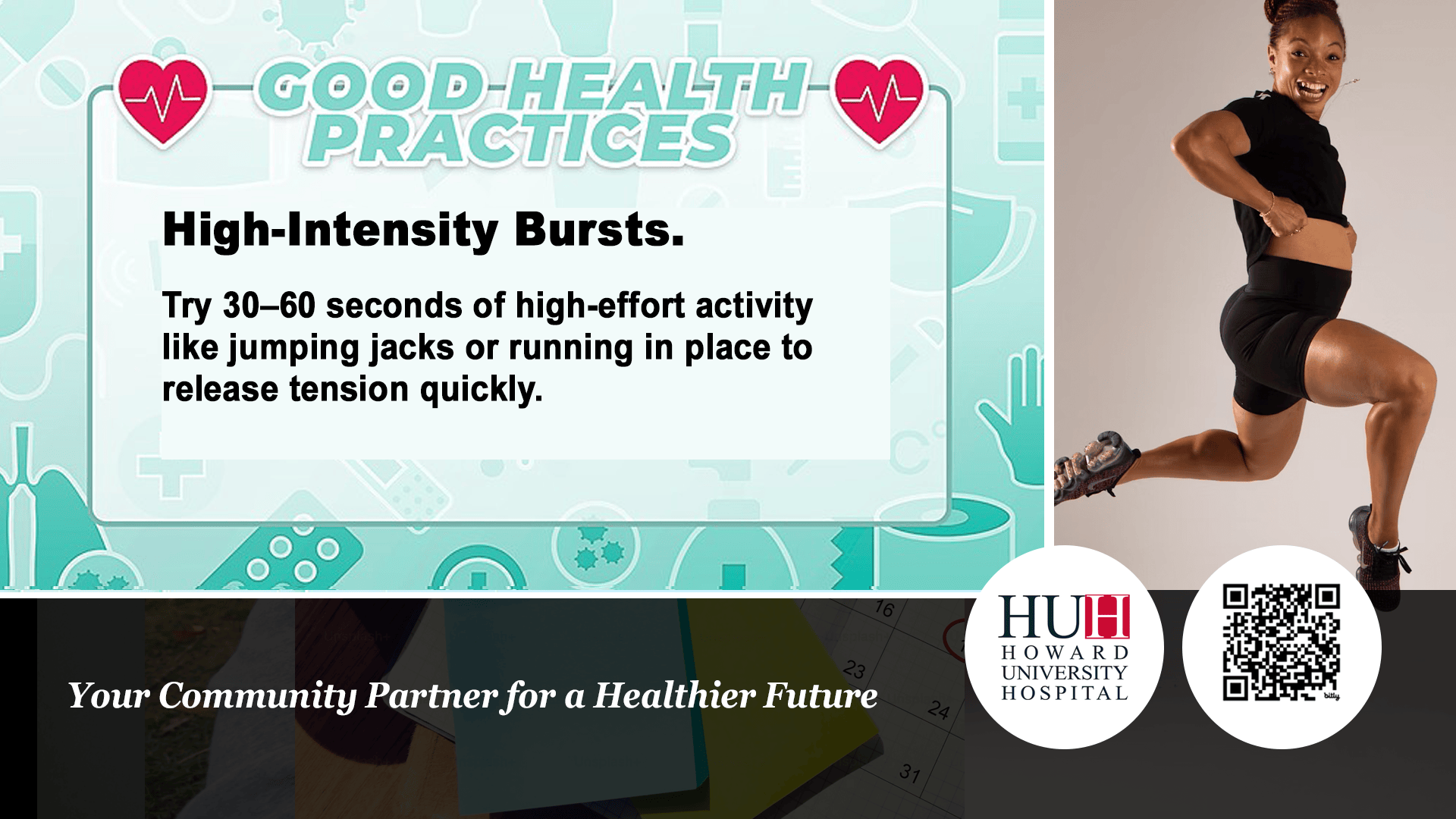 Woman performing high knees alongside text detailing high-intensity movement bursts for stress relief.