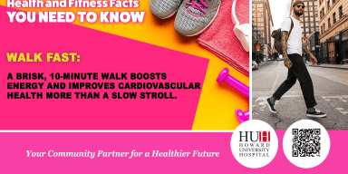Athletic shoes and workout gear beside text explaining the 5-minute fitness rule from Howard University Hospital.