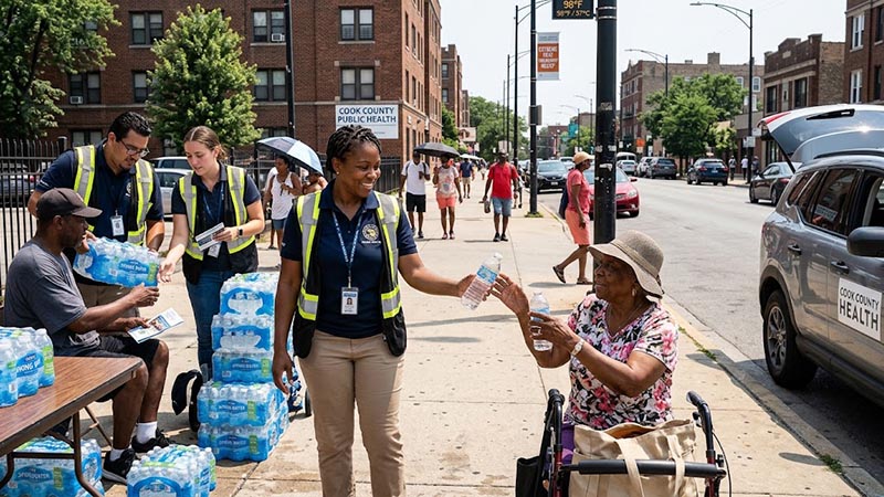 Cook County public health workers providing bottled water during extreme heat to an elderly community member in a wheelchair.