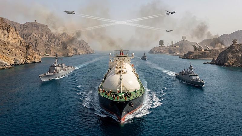 Commercial cargo tanker navigating the narrow Strait of Hormuz conflict zone amid military escalation.