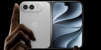 Tech industry regulations backdrop featuring an open foldable smartphone display.