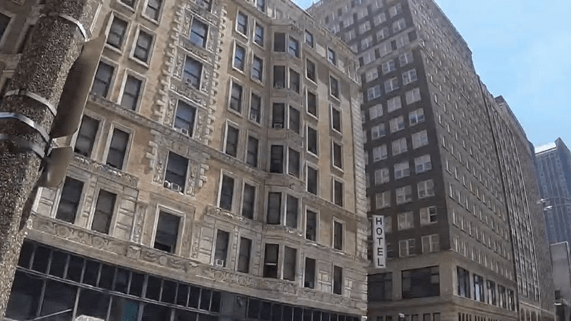 Exterior view of the historic Mark Twain Hotel building in downtown St. Louis.