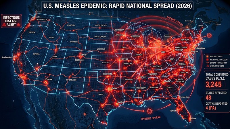 Map and clinical imagery illustrating the rapid spread of the 2026 measles epidemic across Pennsylvania and the United States.