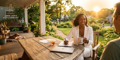 Professional woman wearing a white suit having an outdoor strategy conversation at golden hour