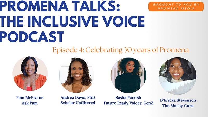 Promena Talks The Inclusive Voice Podcast graphic featuring hosts Pam McElvane, Andrea Davis, Sasha Parrish, and D’Ericka Stevenson.