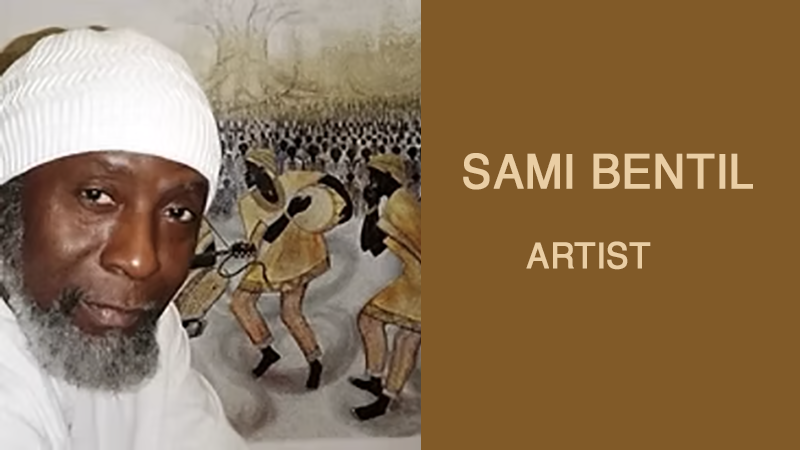 Renowned Ghanaian master artist Sami Bentil showcasing his signature pointillist artwork during an exhibition in St. Louis.