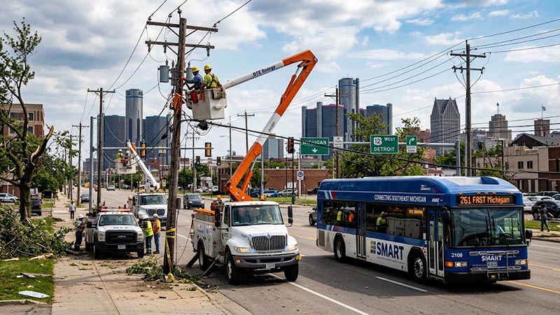Utility bucket trucks executing Detroit storm recovery and transit corridor restorations.