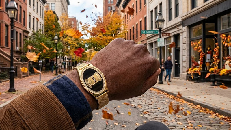Close-up of an African American man's wrist wearing the gold Alpha Black Life Member Mesh Band Bracelet on a cobblestone city street with blowing autumn leaves
