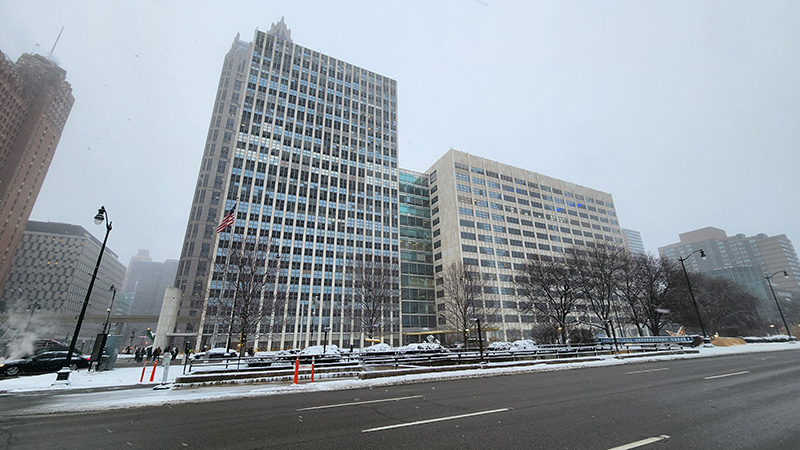 Coleman A Young Municipal Center In Snow From Across Jefferson 2