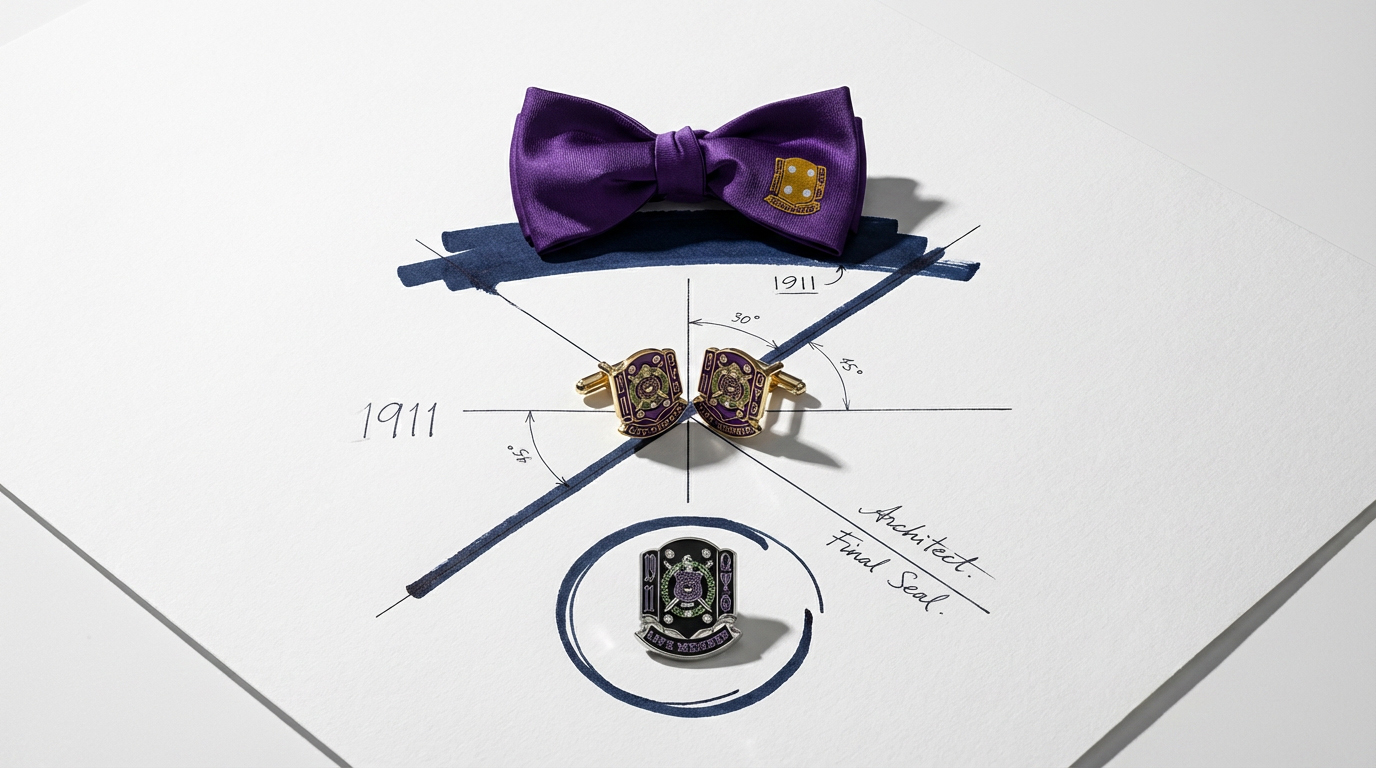 Omega Psi Phi Life Member formal accessory collection arranged on an architectural drafting sheet, featuring a royal purple bow tie, gold and purple crest cufflinks, and an enameled lapel pin.